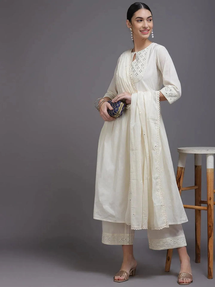 Off White Yoke Design Cotton Suit Set - Libas