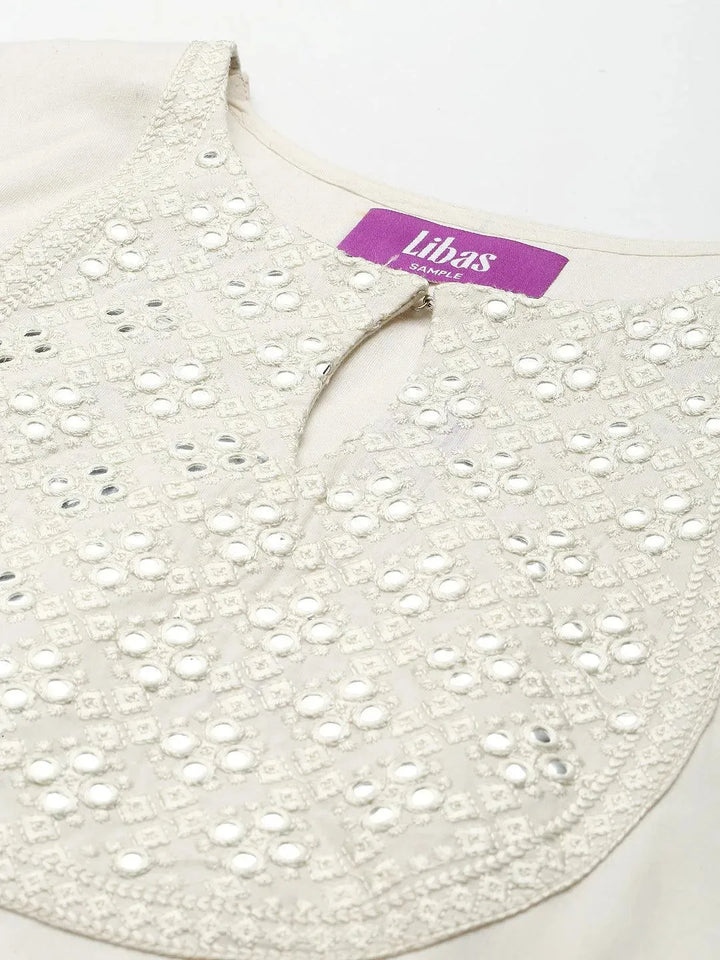 Off White Yoke Design Cotton Suit Set - Libas
