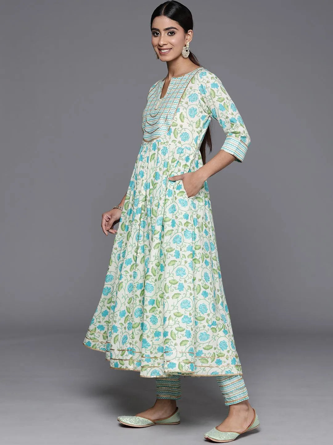 Off White Yoke Design Cotton Anarkali Kurta With Trousers & Dupatta - Libas 