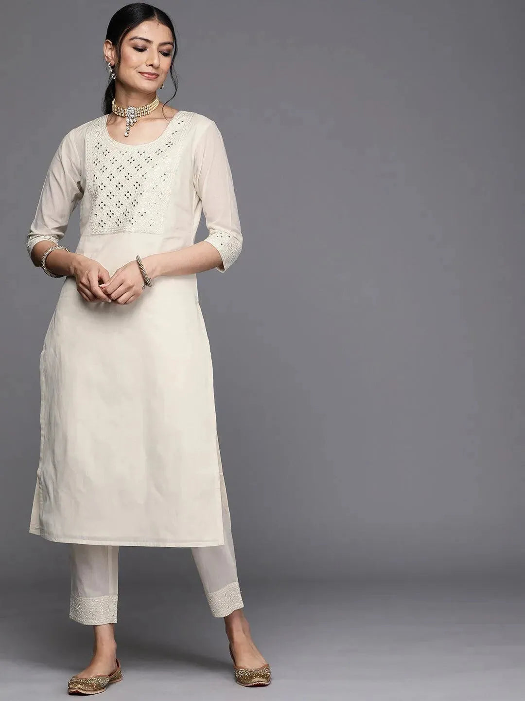 Off White Yoke Design Cotton Kurta - Libas