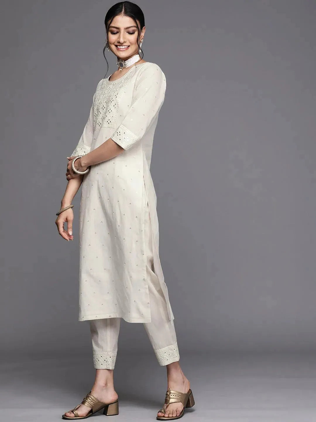 Off White Yoke Design Cotton Kurta - Libas