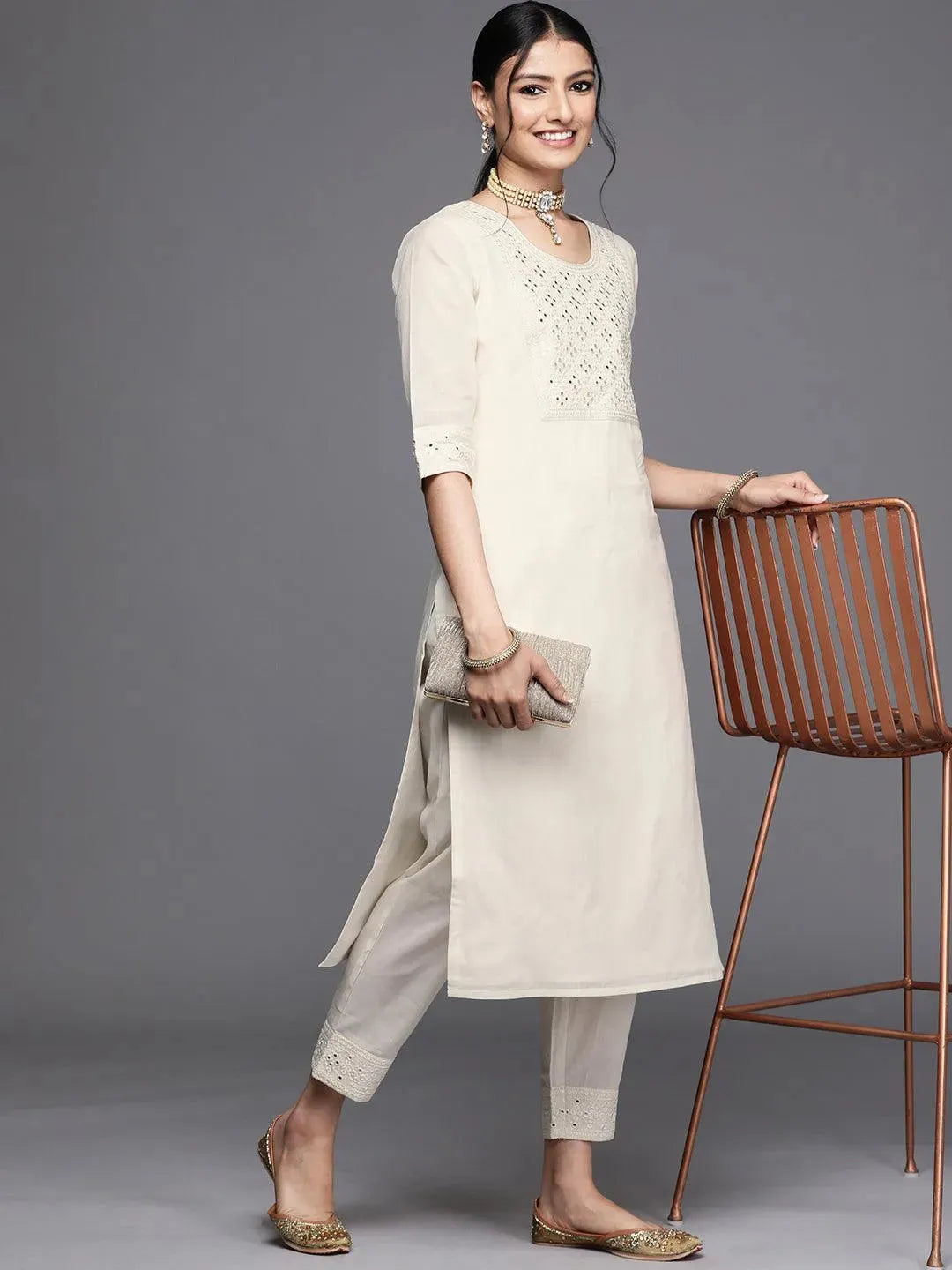 Off White Yoke Design Cotton Kurta - Libas 