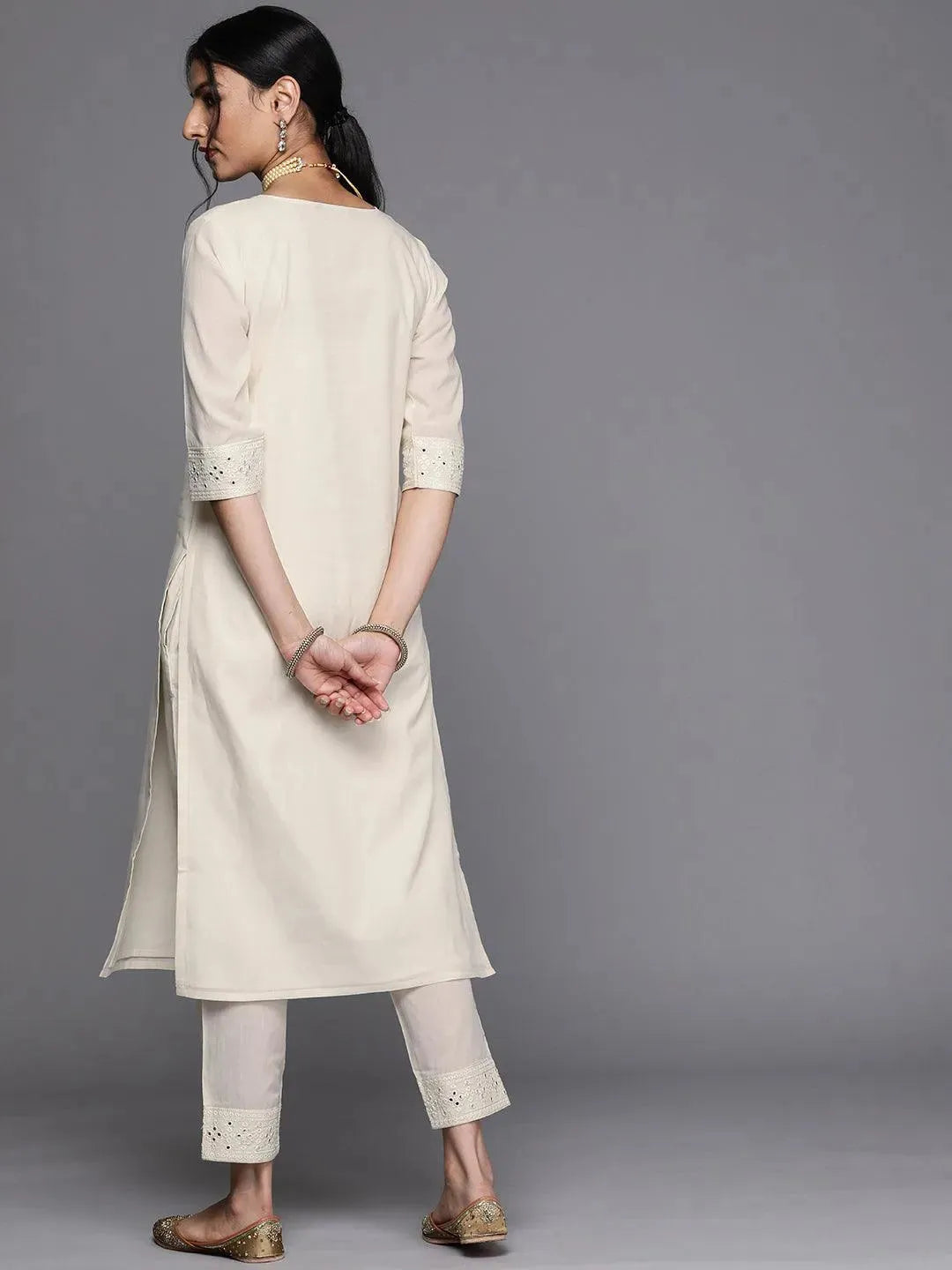 Off White Yoke Design Cotton Kurta - Libas 