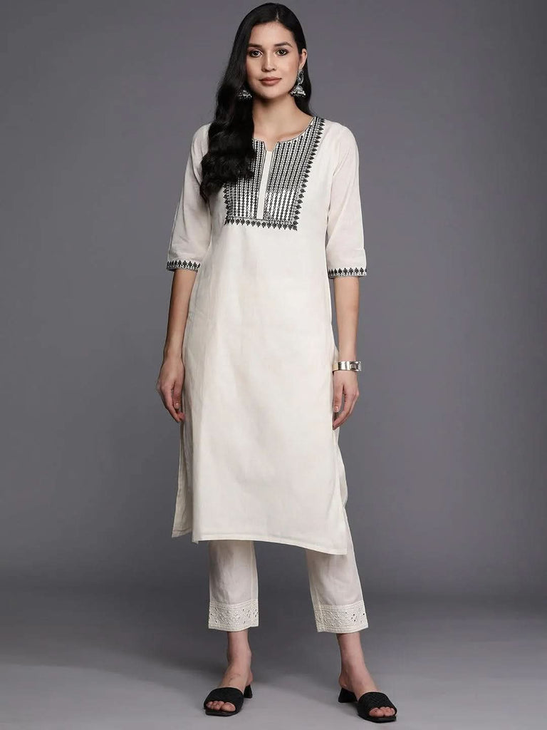 Libas Off White Yoke Design Cotton Straight Kurta