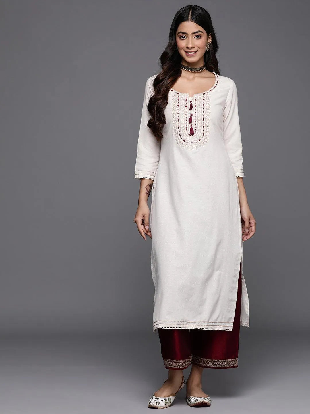 Off White Printed Cotton Straight Kurta - Libas 
