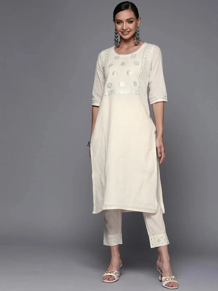 Off White Yoke Design Cotton Straight Kurta - Libas