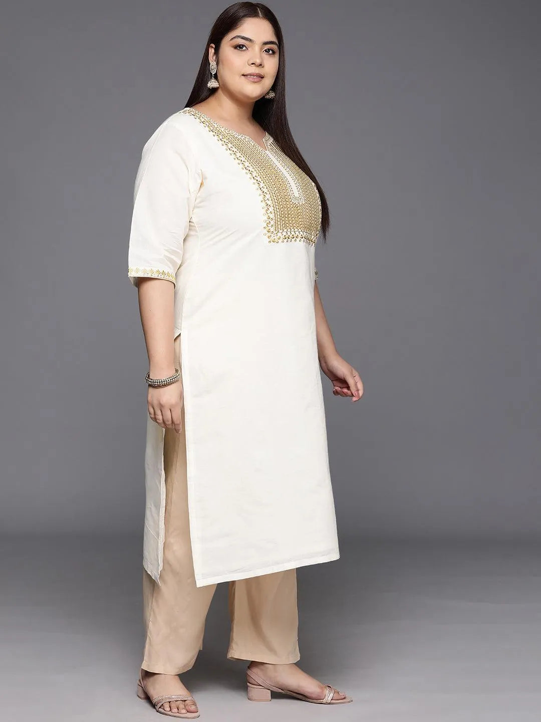 Off White Yoke Design Cotton Straight Kurta - Libas 