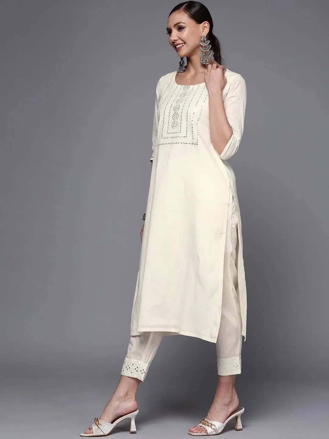 Beige Printed Silk Blend A-Line Kurti