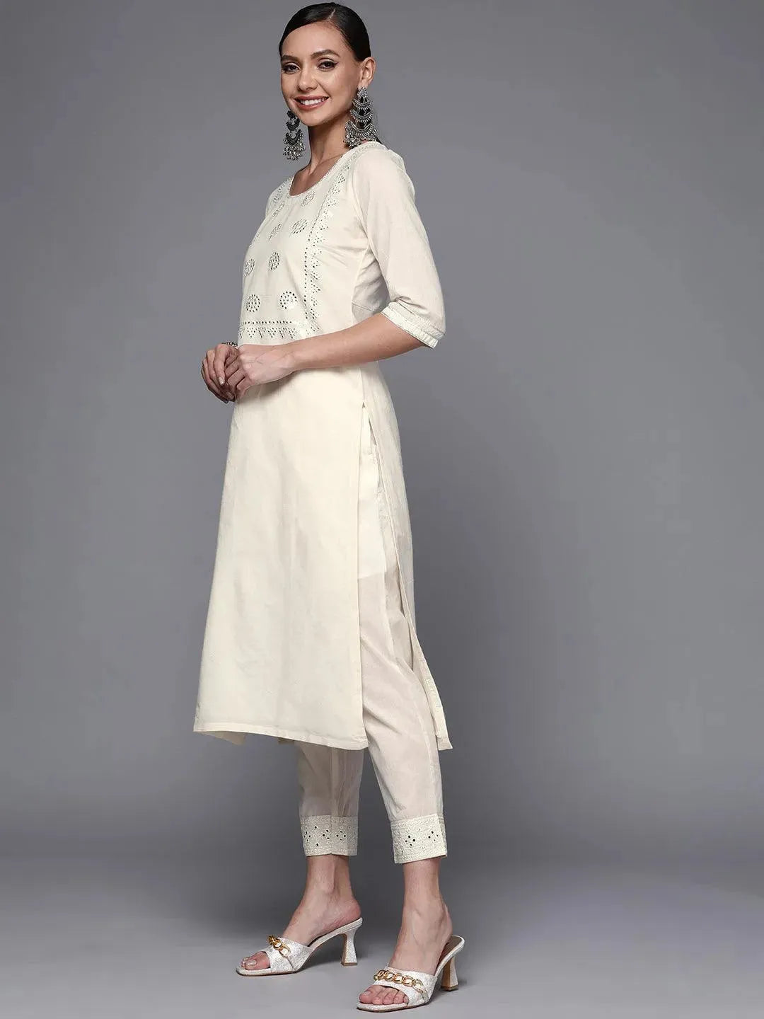 Off White Yoke Design Cotton Straight Kurta - Libas 