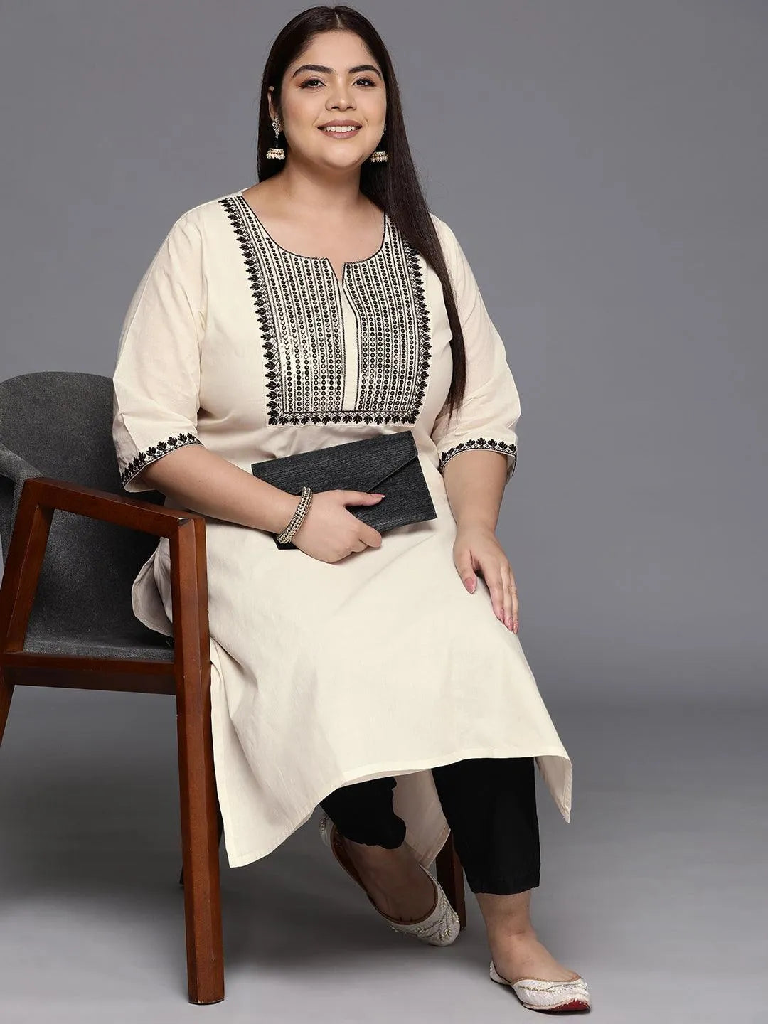 Off White Yoke Design Cotton Straight Kurta - Libas 