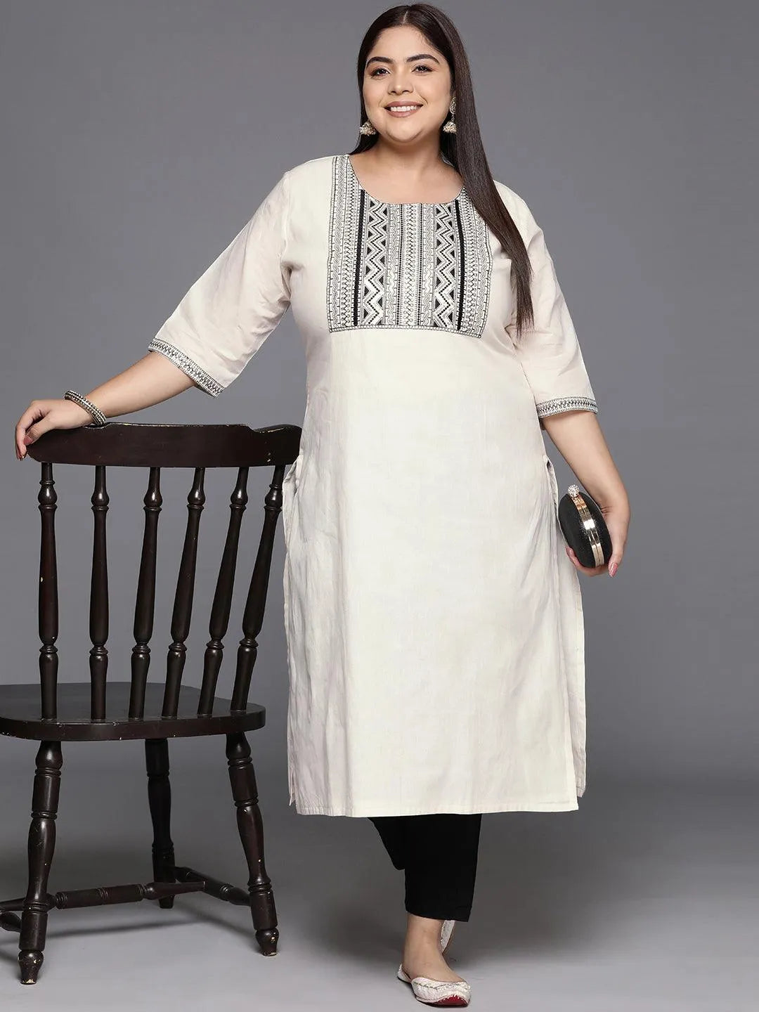 Off White Yoke Design Cotton Straight Kurta - Libas 