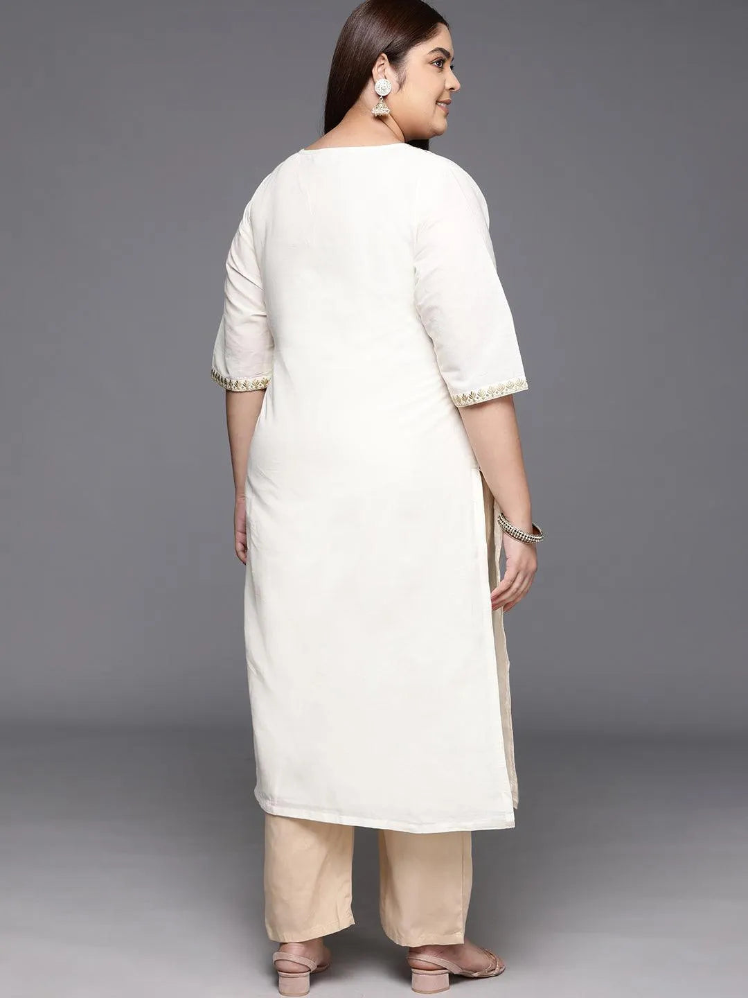 Off White Yoke Design Cotton Straight Kurta - Libas 
