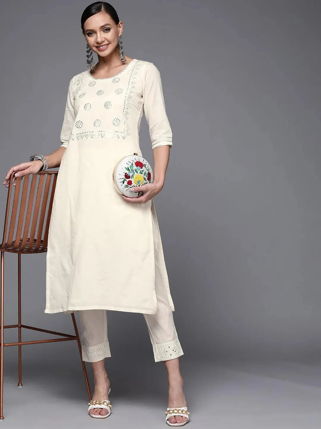 Off White Yoke Design Cotton Straight Kurta - Libas 