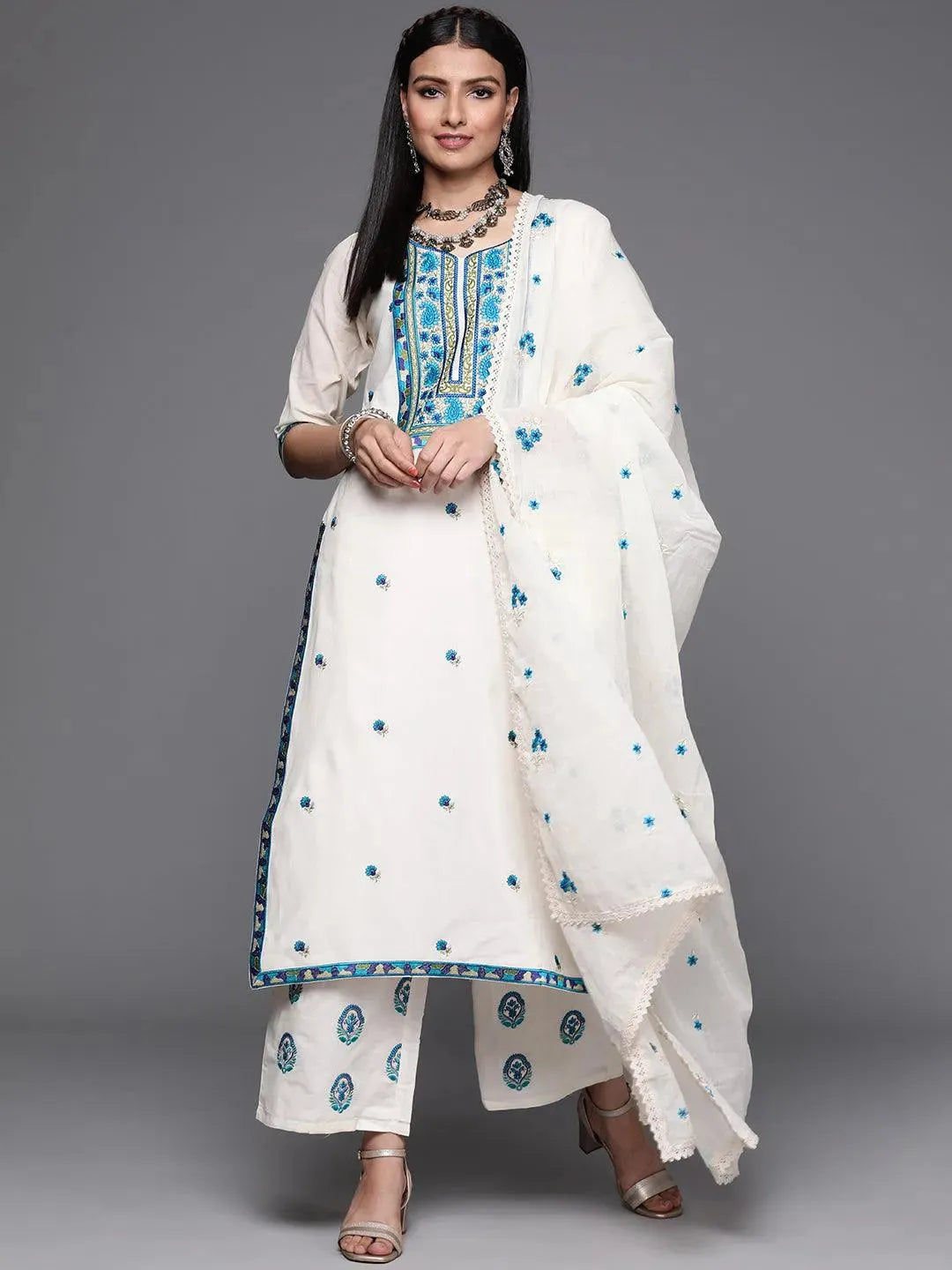 Off White Yoke Design Cotton Suit Set - Libas