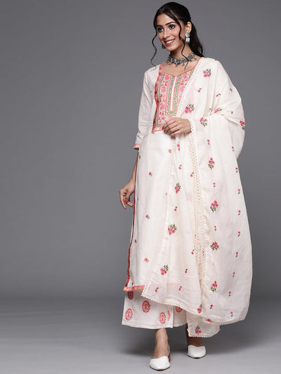 White Floral Embroidered Cotton Kurti Pant Set With Dupatta