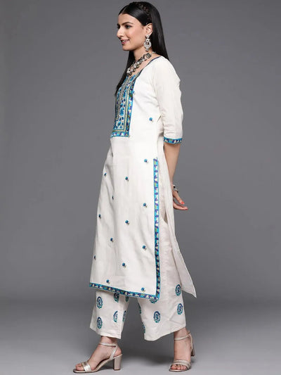 Off White Yoke Design Cotton Suit Set - Libas