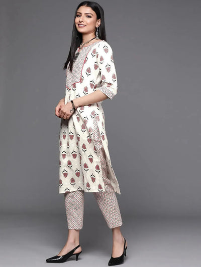 Off White Yoke Design Cotton Suit Set - Libas