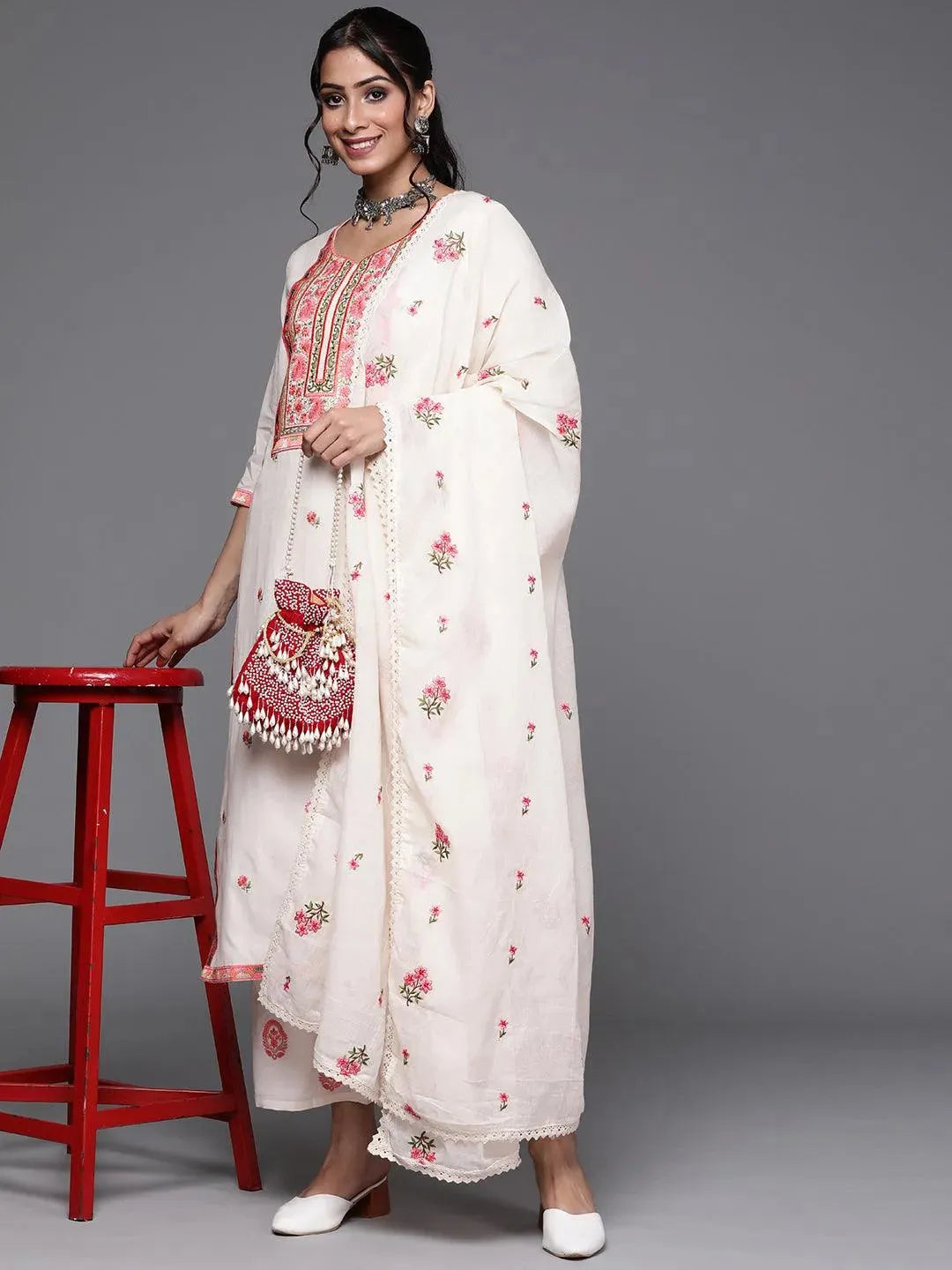 Off White Yoke Design Cotton Suit Set - Libas