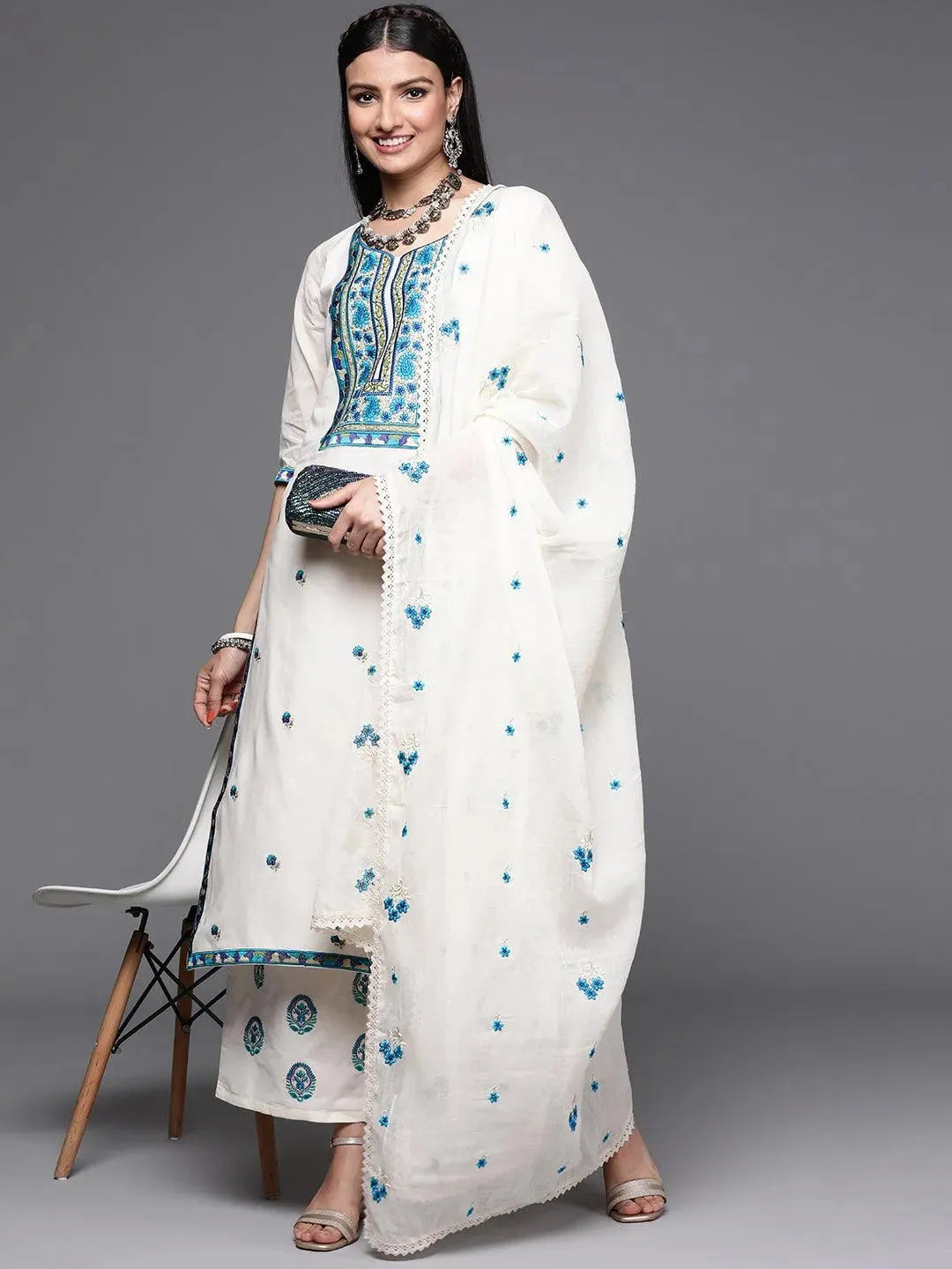 Off White Yoke Design Cotton Suit Set - Libas 