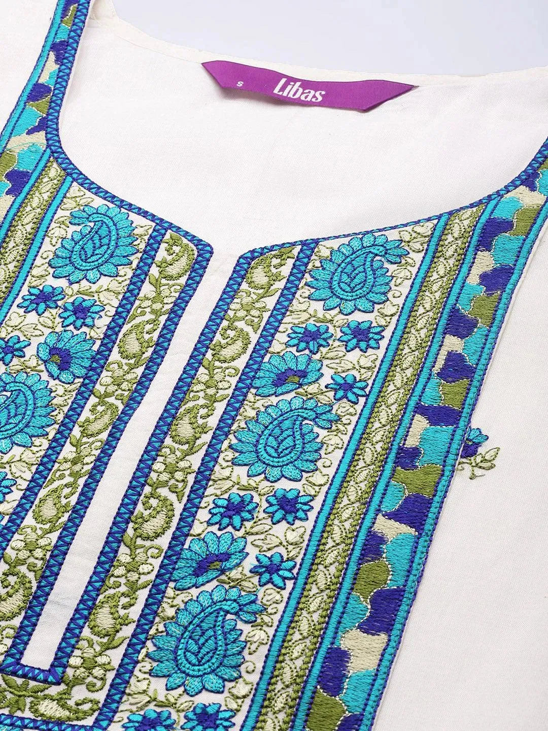 Off White Yoke Design Cotton Suit Set - Libas 