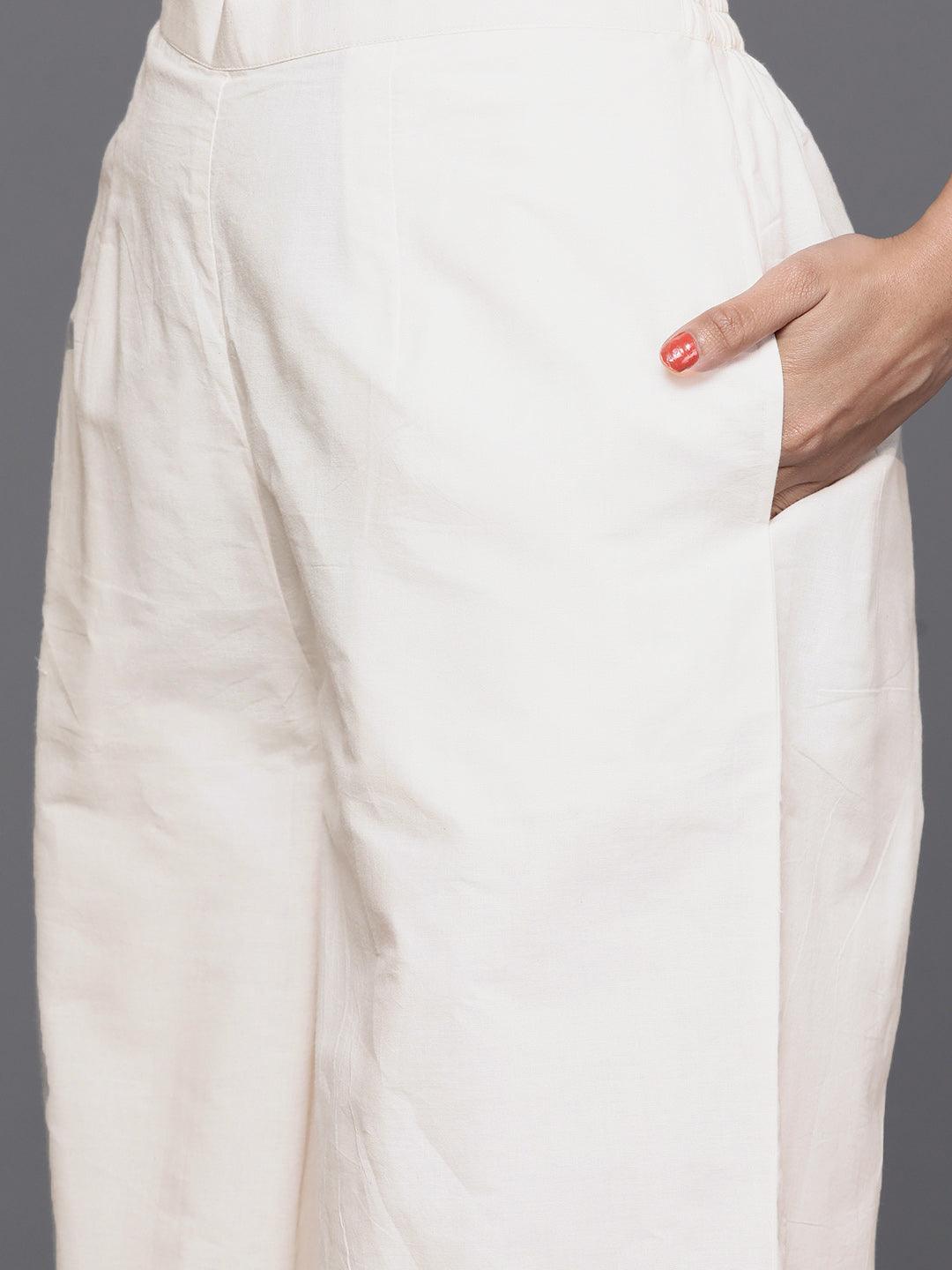 Off-White Yoke Design Cotton Straight Kurta With Palazzos & Dupatta