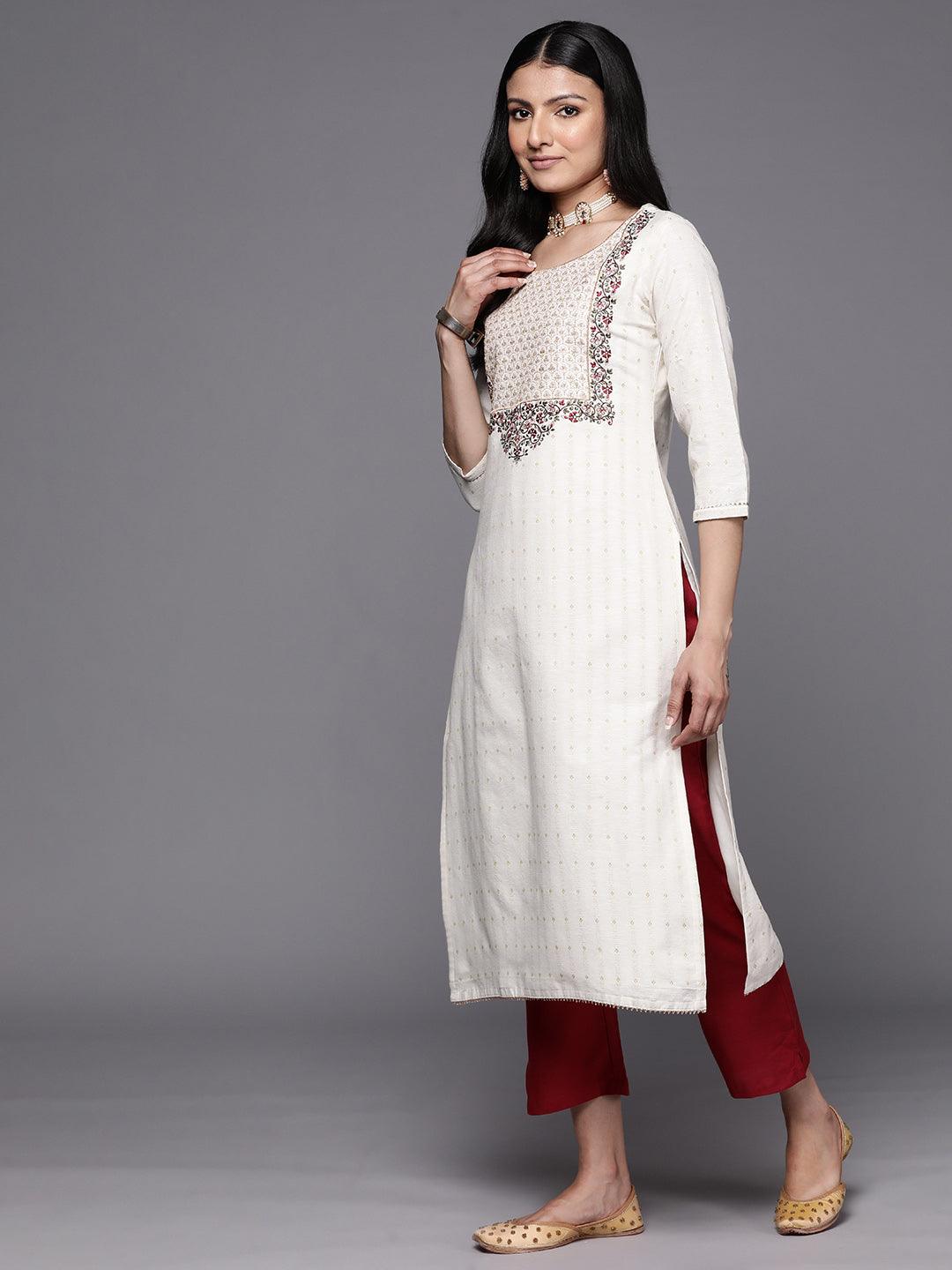 Off White Yoke Design Cotton Straight Suit Set With Trousers - Libas