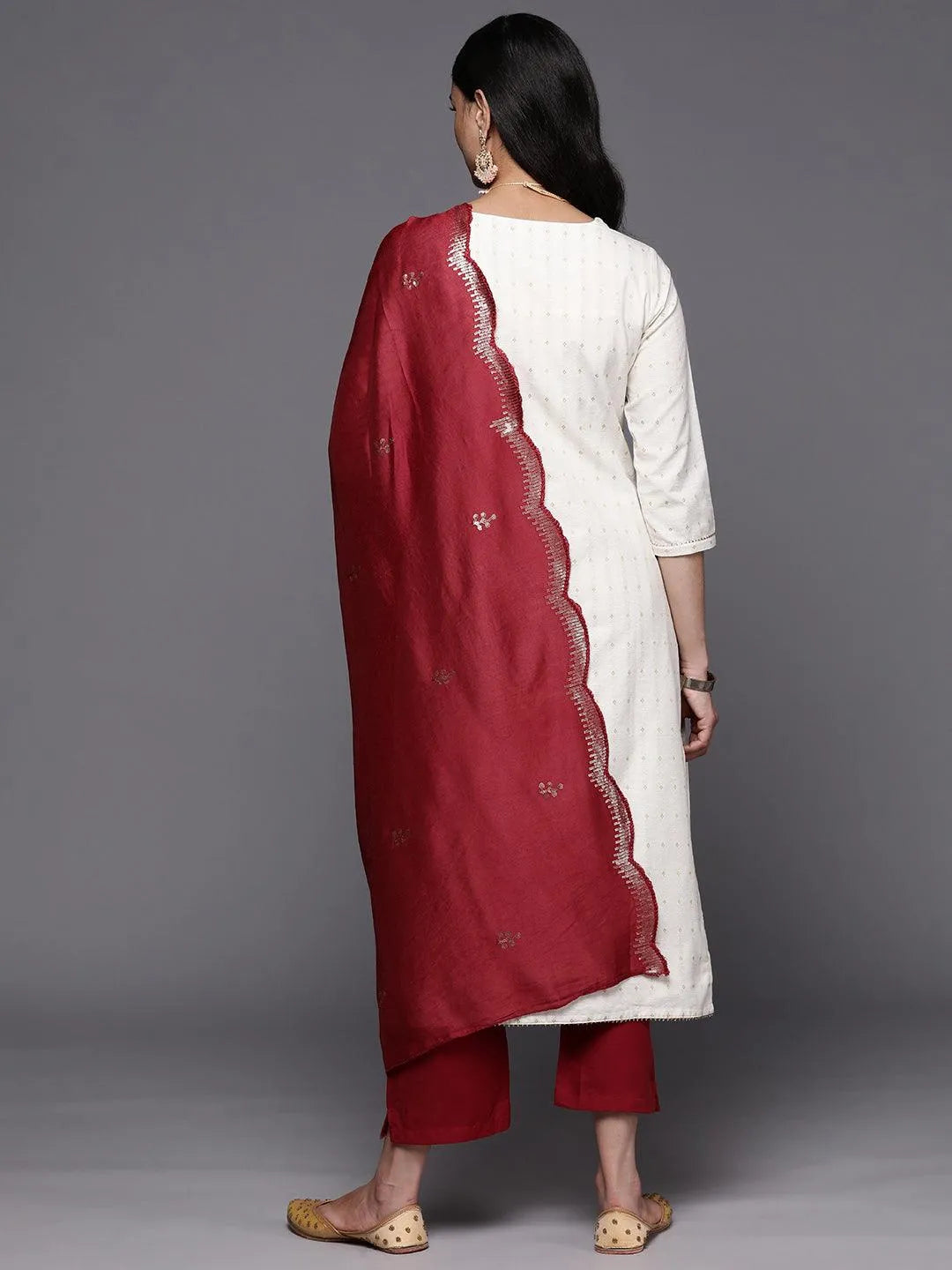 Off White Yoke Design Cotton Straight Suit Set With Trousers - Libas 