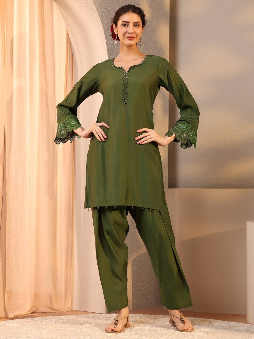  Olive Embellished Silk Blend Co-Ord Set 