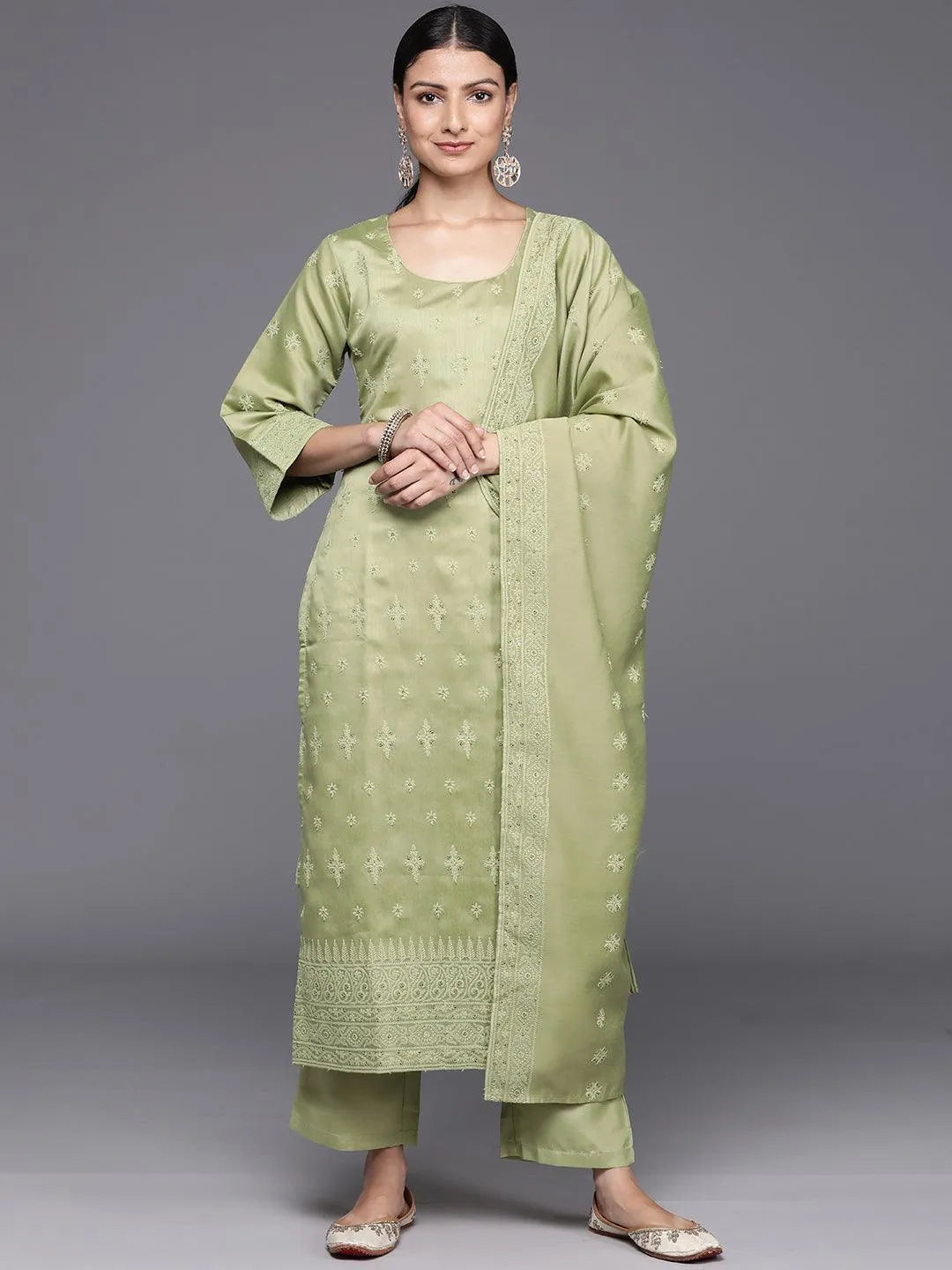 Olive Embroidered Chanderi Silk Straight Kurta With Trousers & Dupatta - Libas 
