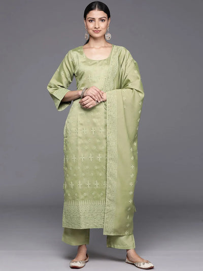 Olive Embroidered Chanderi Silk Straight Kurta With Trousers & Dupatta - Libas