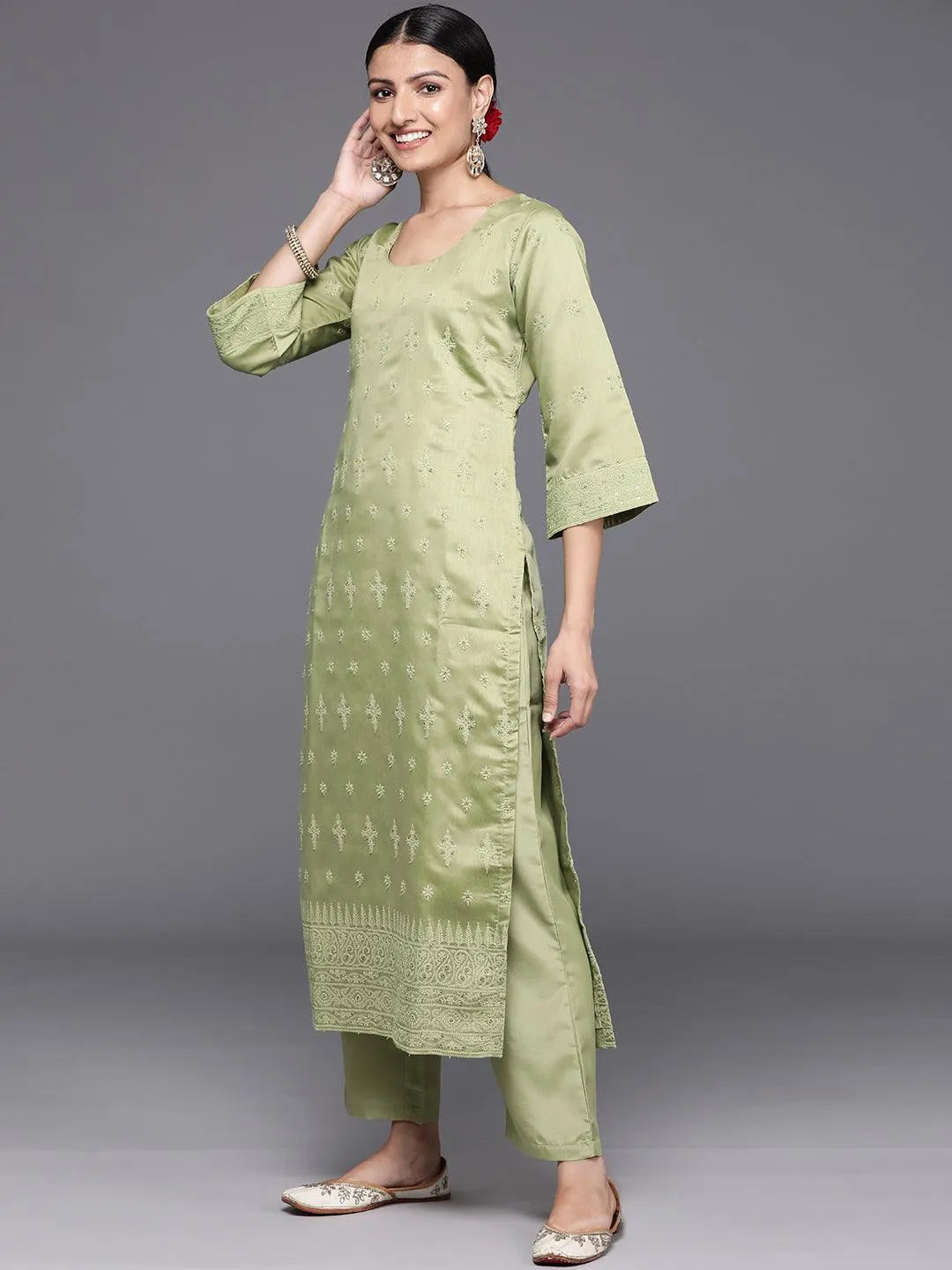 Buy Olive Embroidered Chanderi Silk Straight Kurta With Trousers Dupatta Online at Rs.999 Libas