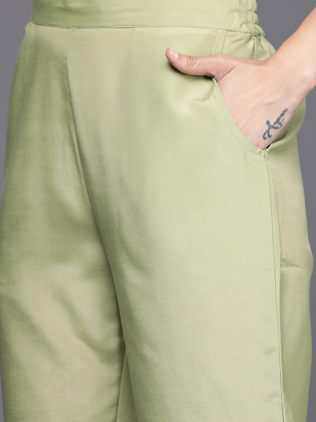 Olive Embroidered Chanderi Silk Straight Kurta With Trousers & Dupatta - Libas