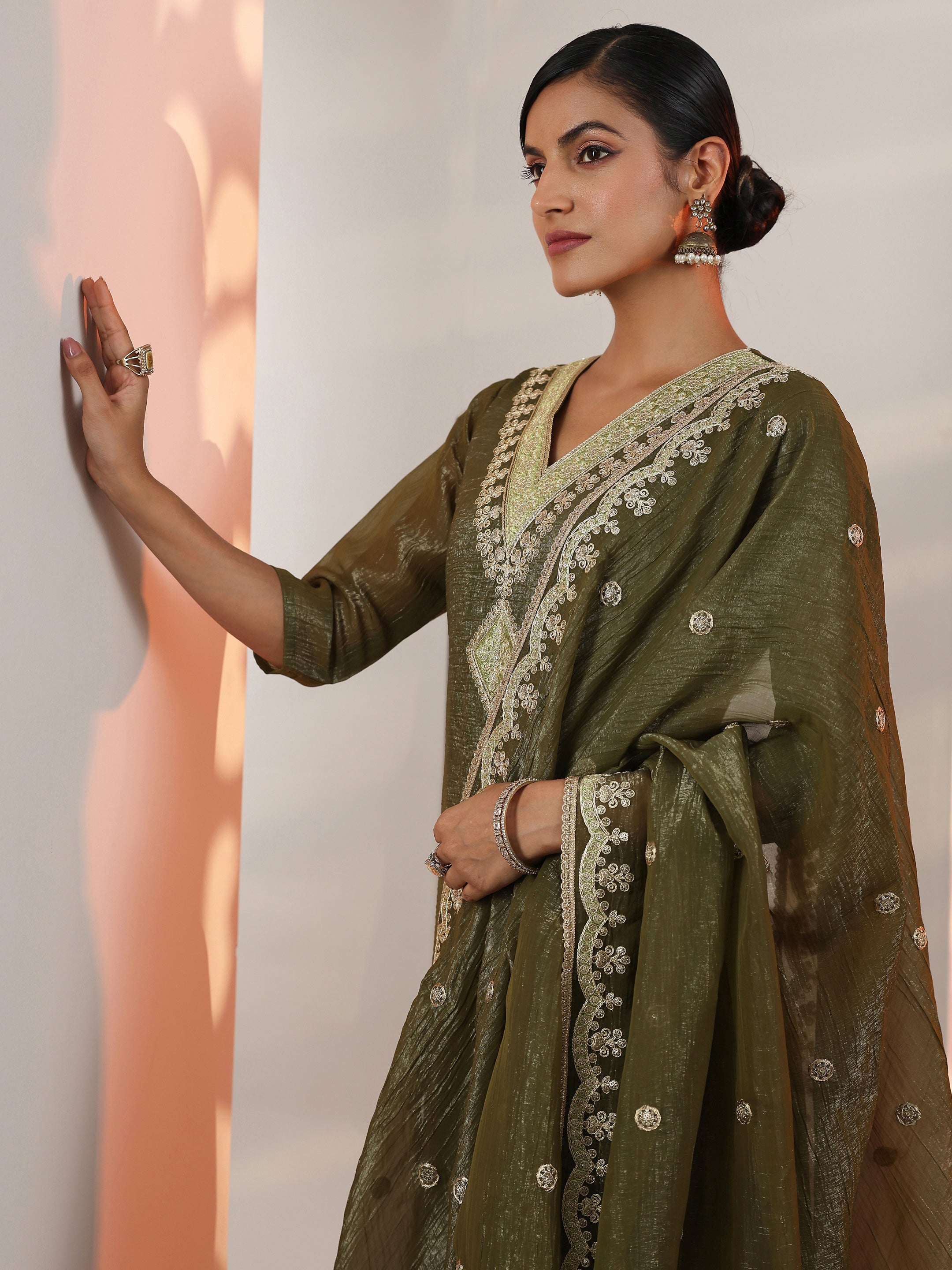 libas Olive Embroidered Chiffon Straight Suit Set With Dupatta-picture-34