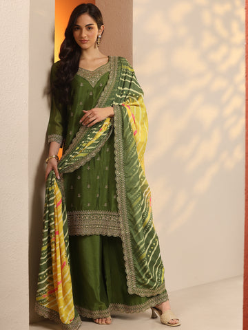 Olive Embroidered Chinon Straight Suit Set With Dupatta
