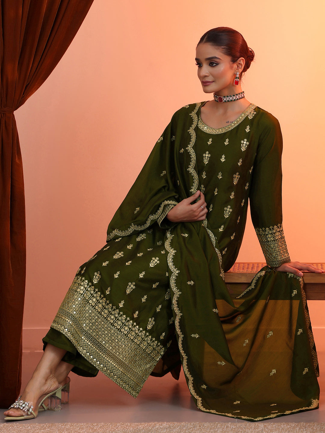 Olive Embroidered Chinon Straight Suit Set With Dupatta