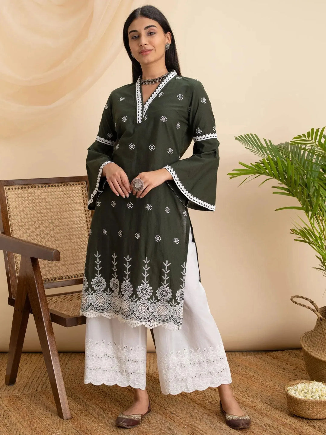 Olive Embroidered Cotton Kurta - Libas