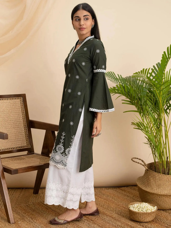 Olive Embroidered Cotton Kurta - Libas