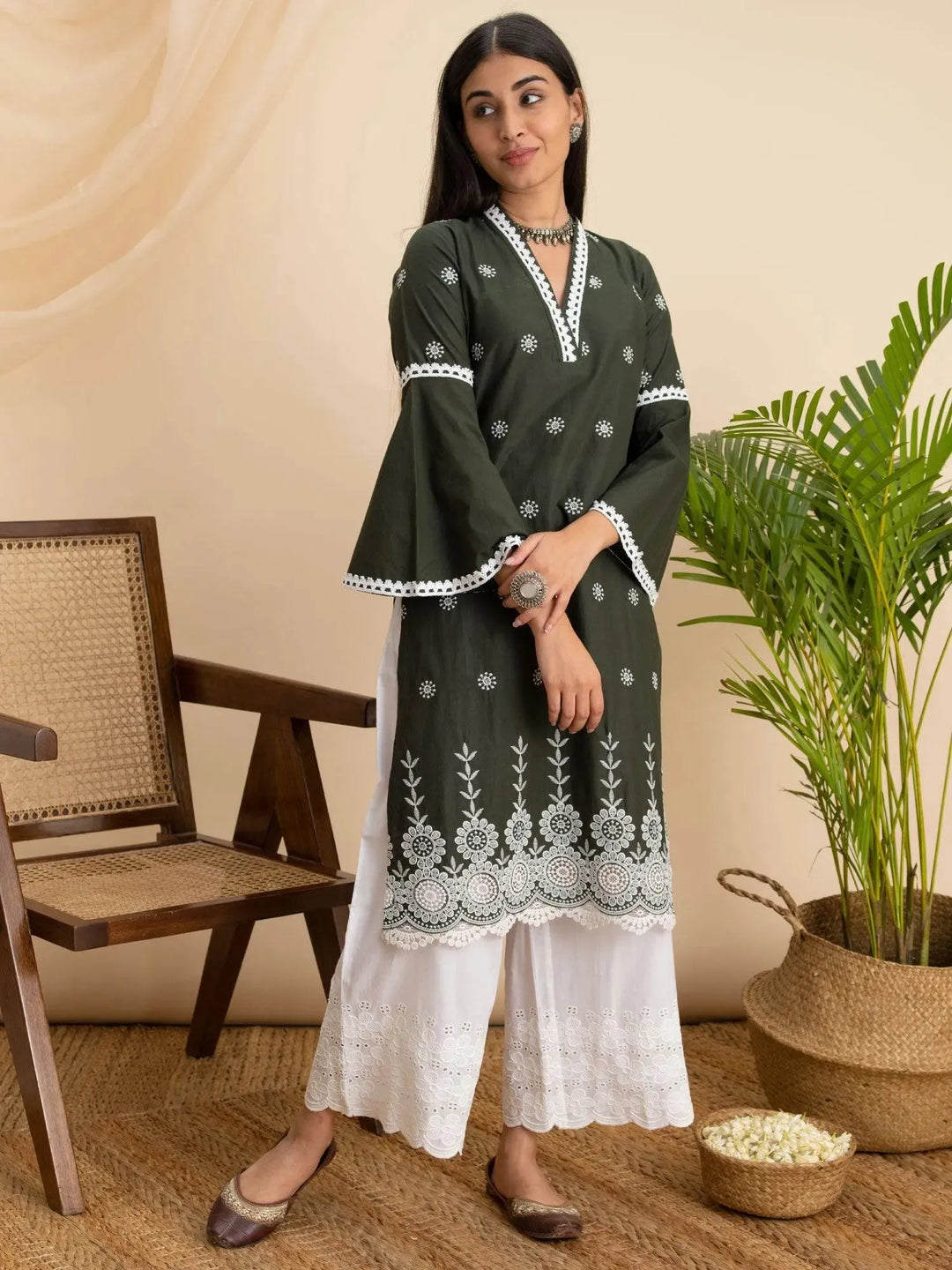 Olive Embroidered Cotton Kurta - Libas