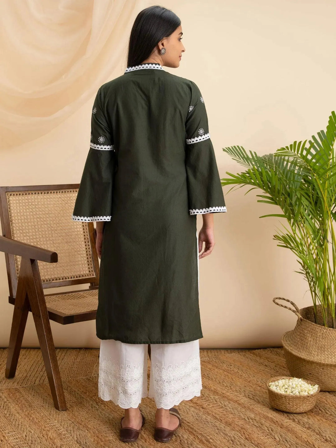 Olive Embroidered Cotton Kurta - Libas