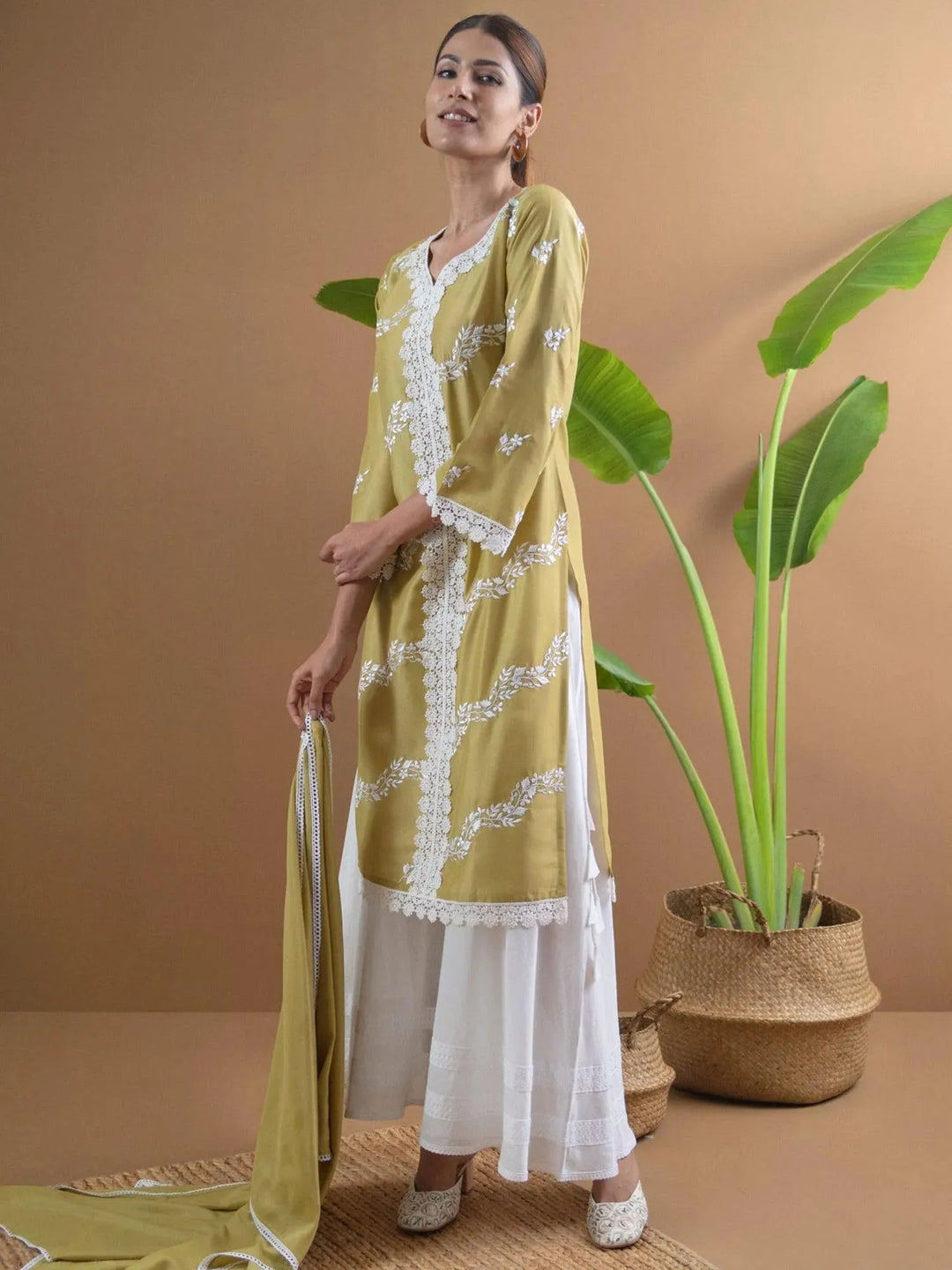 Olive Green Embroidered Cotton Suit Set - Libas 