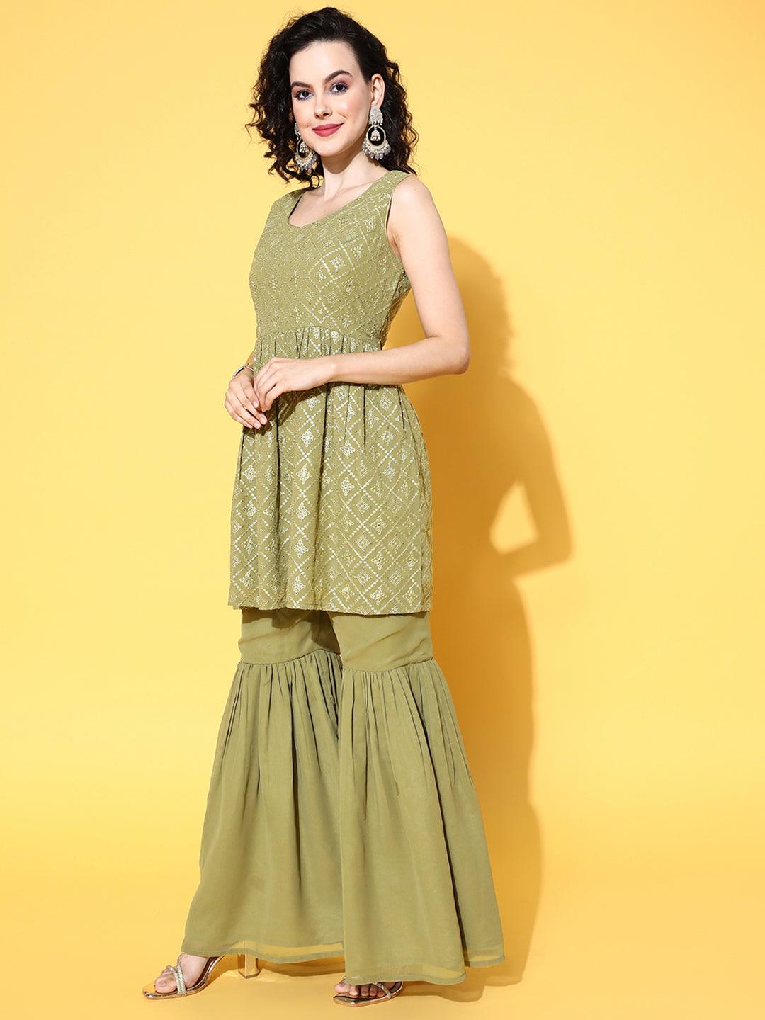 Olive Embroidered Georgette A-Line Sharara Suit Set With Dupatta