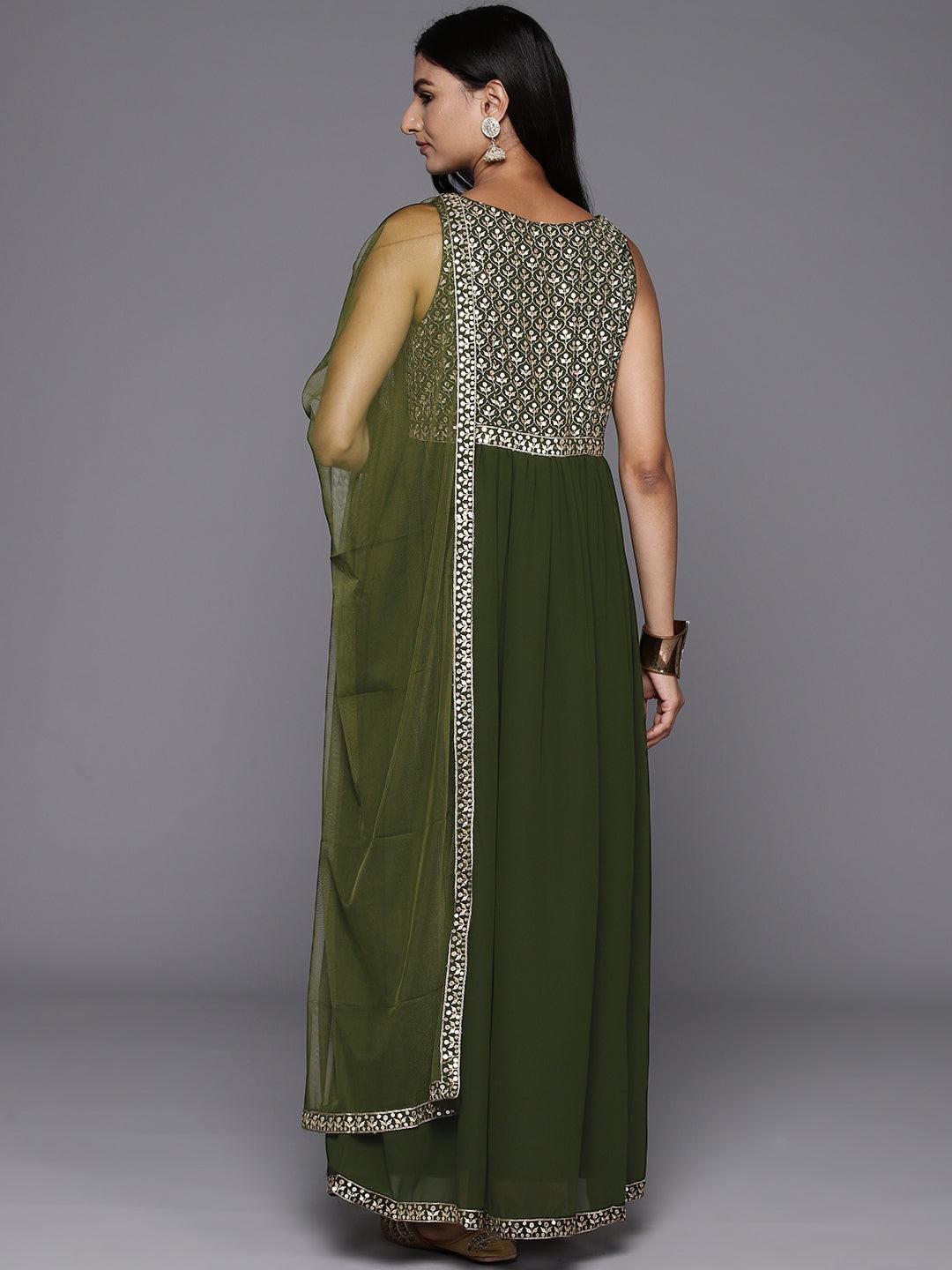Olive Embroidered Georgette Anarkali Suit With Dupatta