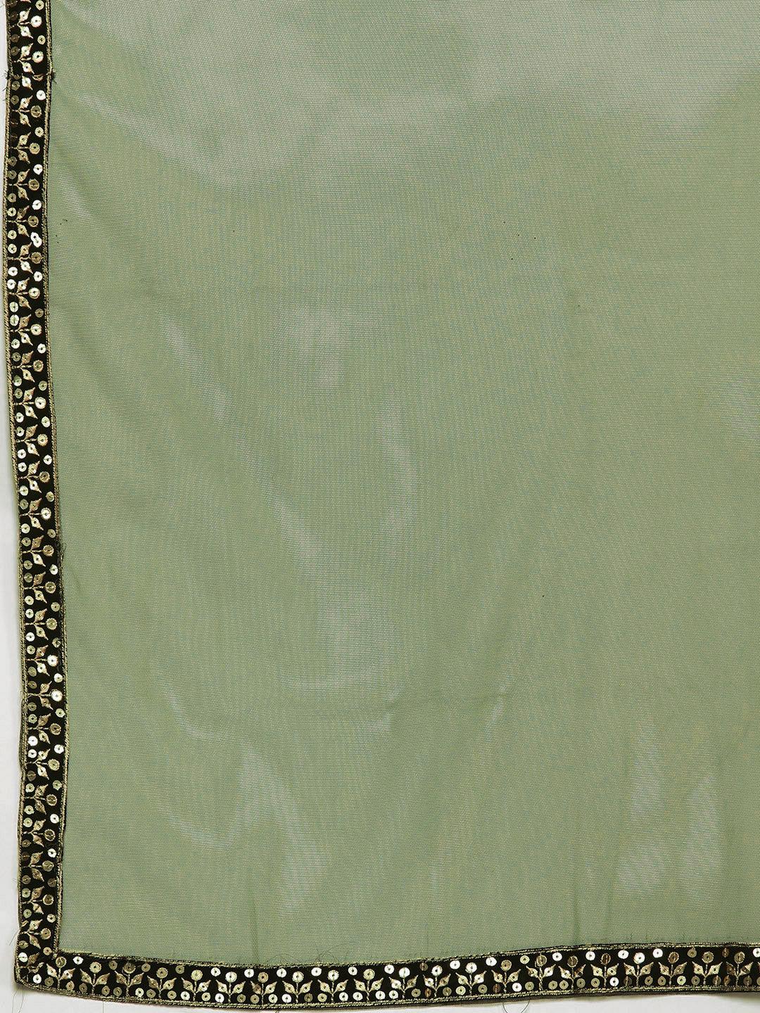 Olive Embroidered Georgette Anarkali Kurta With Trousers & Dupatta - Libas