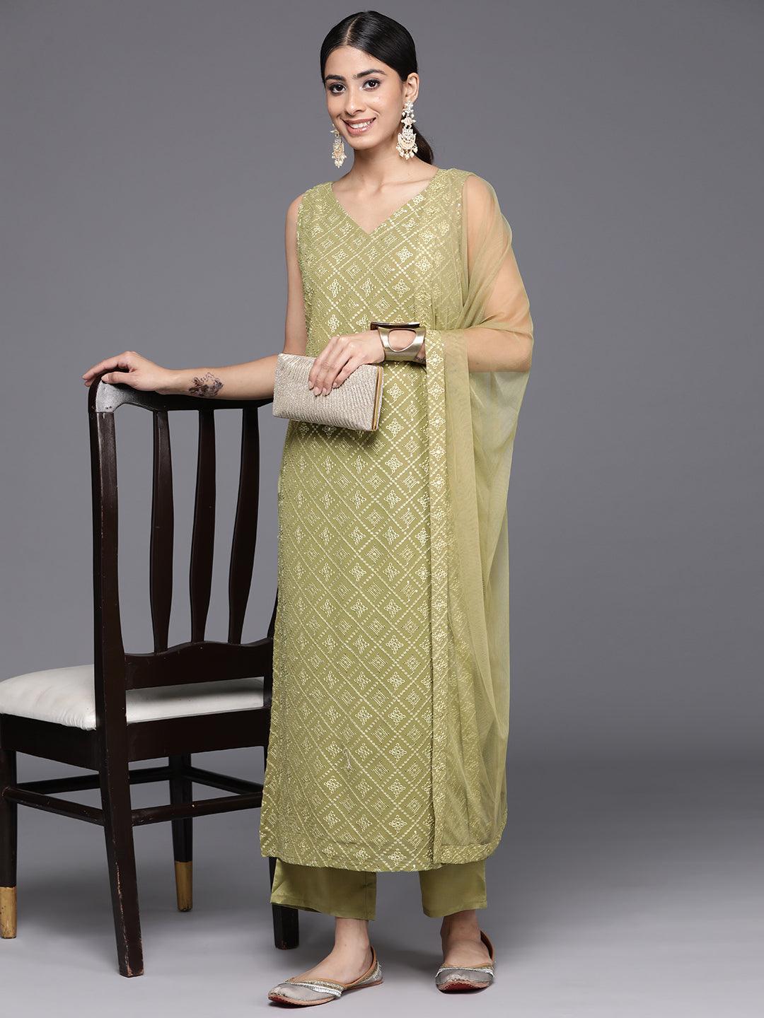 Olive Embroidered Georgette Straight Kurta With Trousers & Dupatta