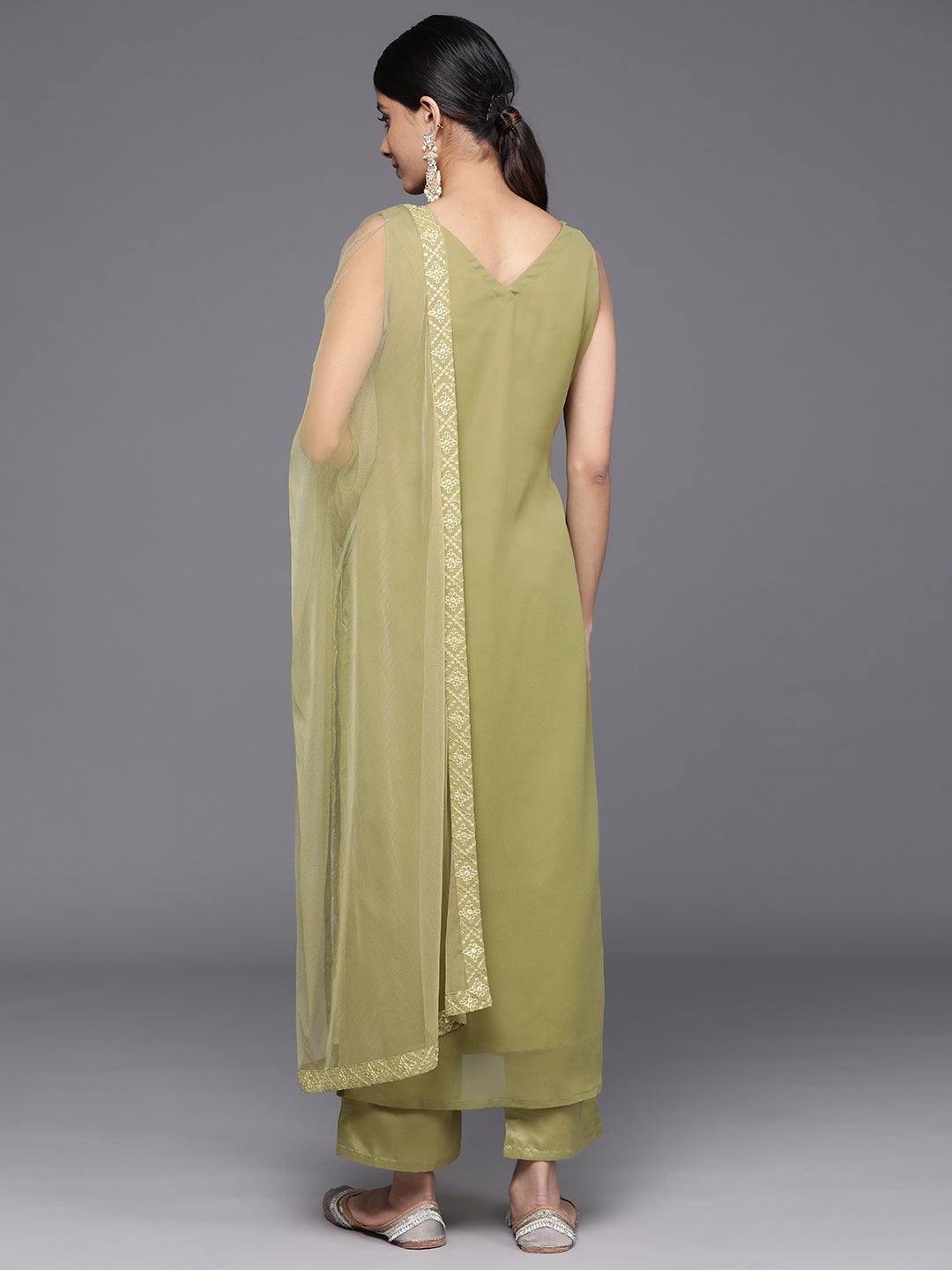 Olive Embroidered Georgette Straight Kurta With Trousers & Dupatta