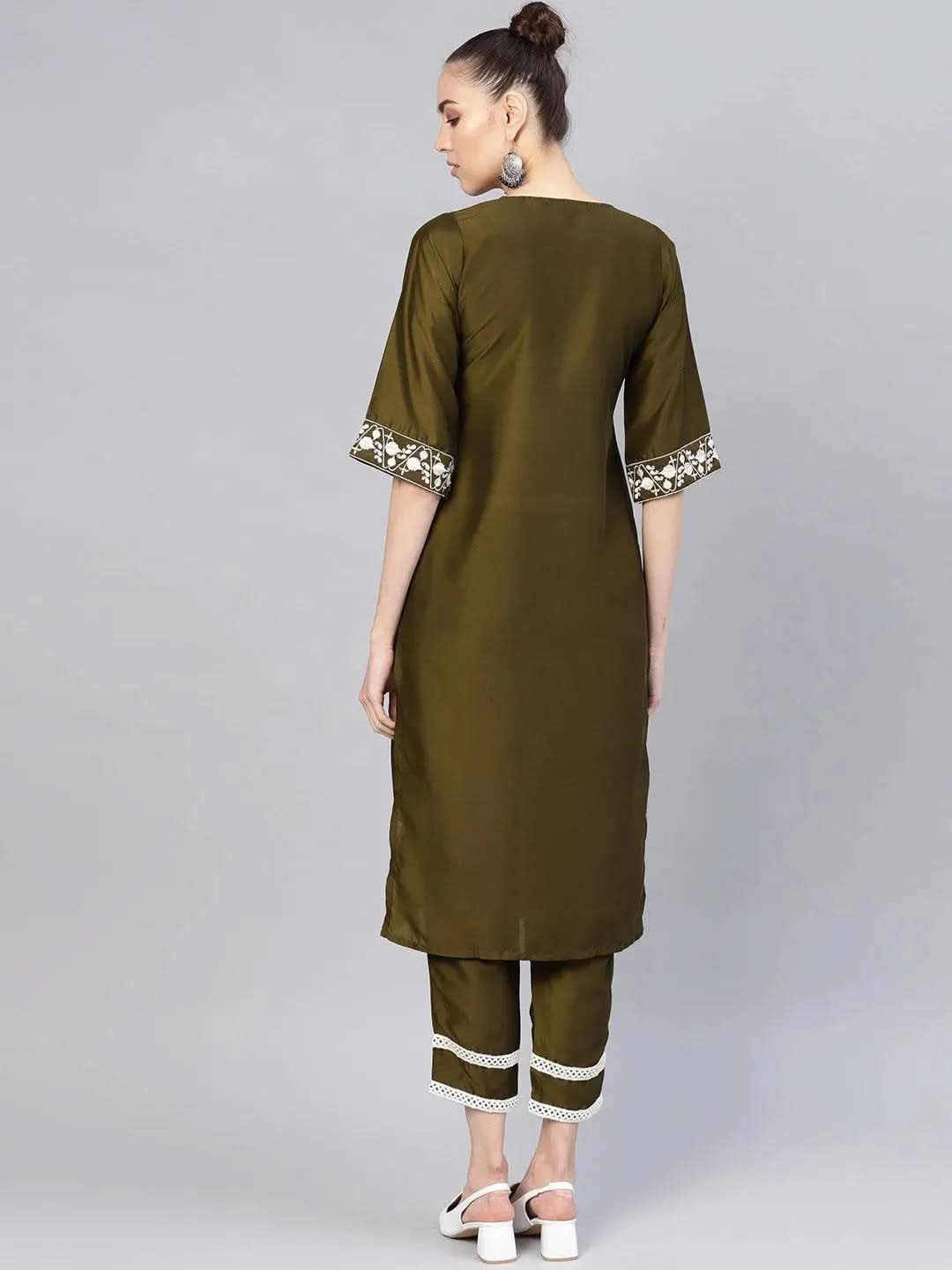 

Olive Embroidered Polyester Straight Kurta With Trousers