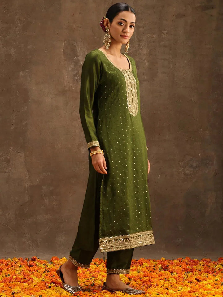 Olive Embroidered Silk Blend Suit Set With Trousers - Libas