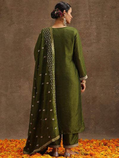 Olive Embroidered Silk Blend Suit Set With Trousers - Libas