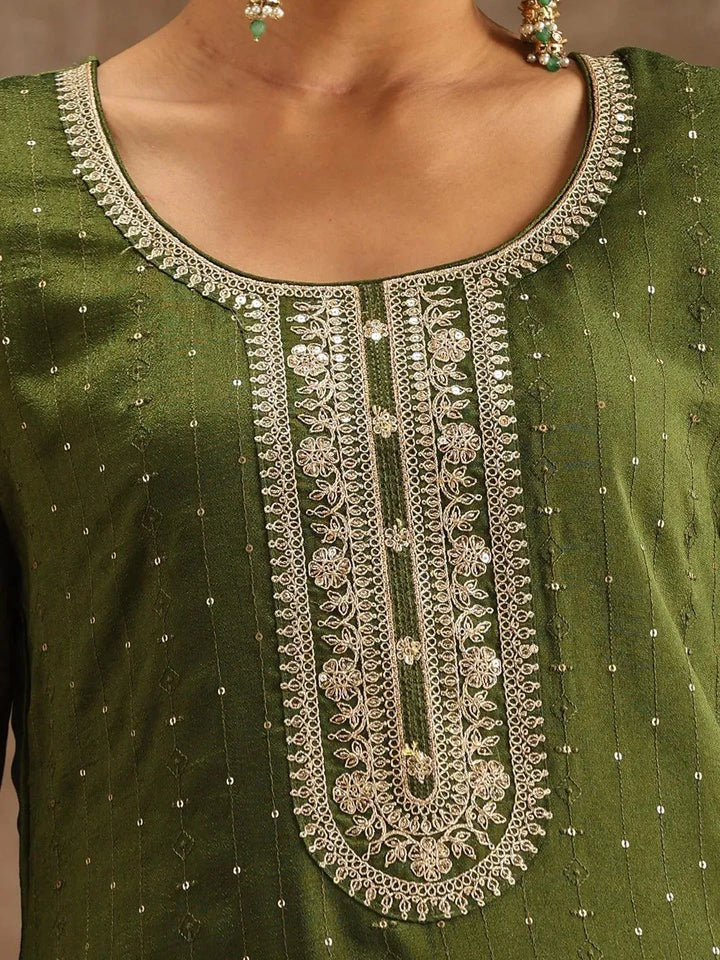 Olive Embroidered Silk Blend Suit Set With Trousers - Libas