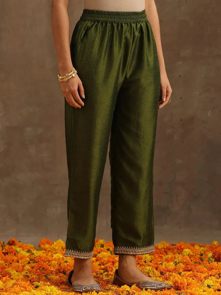 Olive Embroidered Silk Blend Suit Set With Trousers - Libas